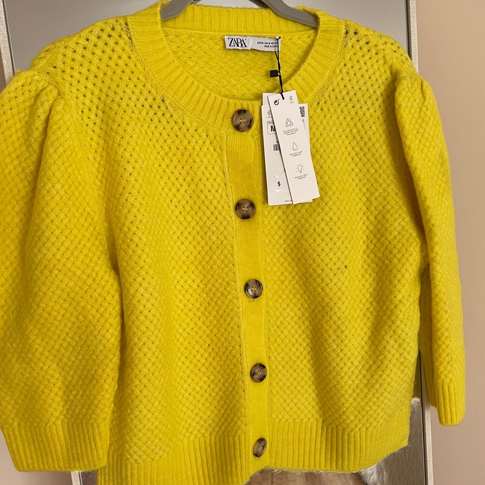 ZARA Knit cardigan with elbow length sleeves bright yellow sweater